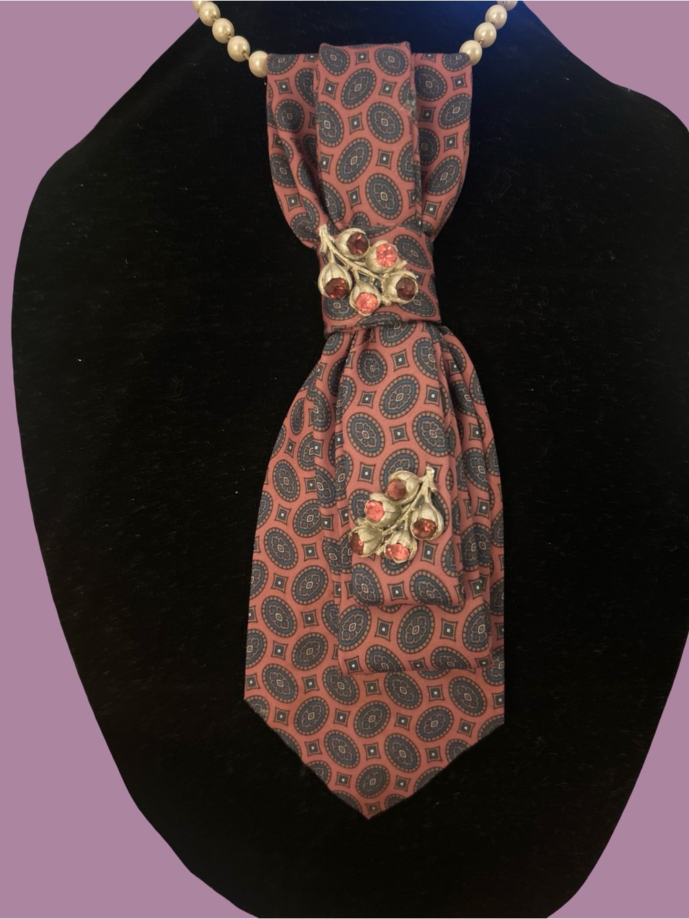 Paisley Print Silk Scarf Necklace with Floral Brooch - Rose
